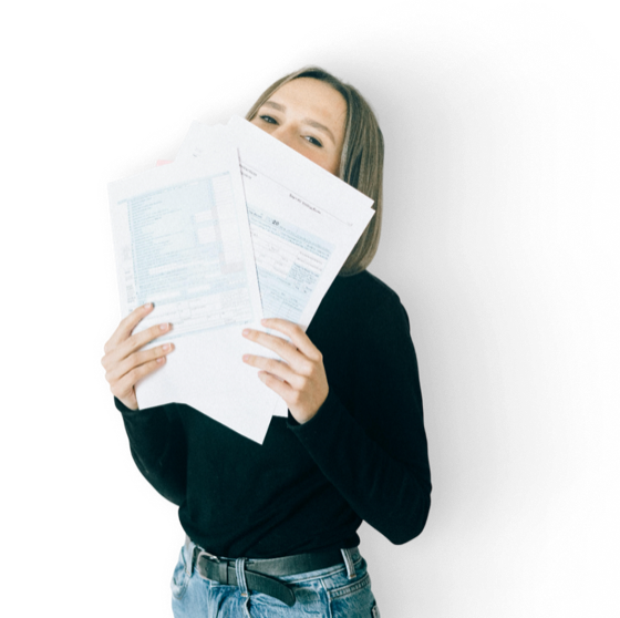 A US expat reviewing her tax documents